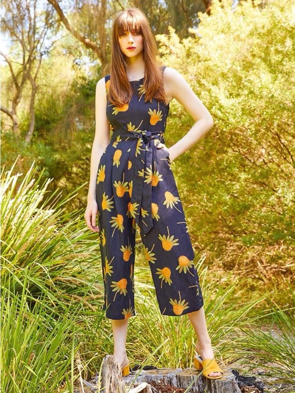 Princess Highway Waratah Print Black Jumpsuit with‎ Orange Protea Floral, Sz 12